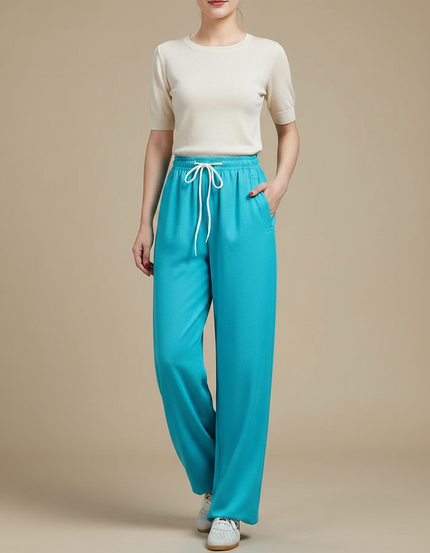 Pantalon Chinois Turquoise Ample Cordon Décontracté Femme - Bleu Polyester