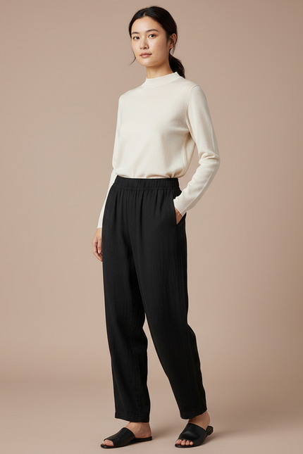 Pantalon Chinois Noir Ample Coton Élastiqué Femme