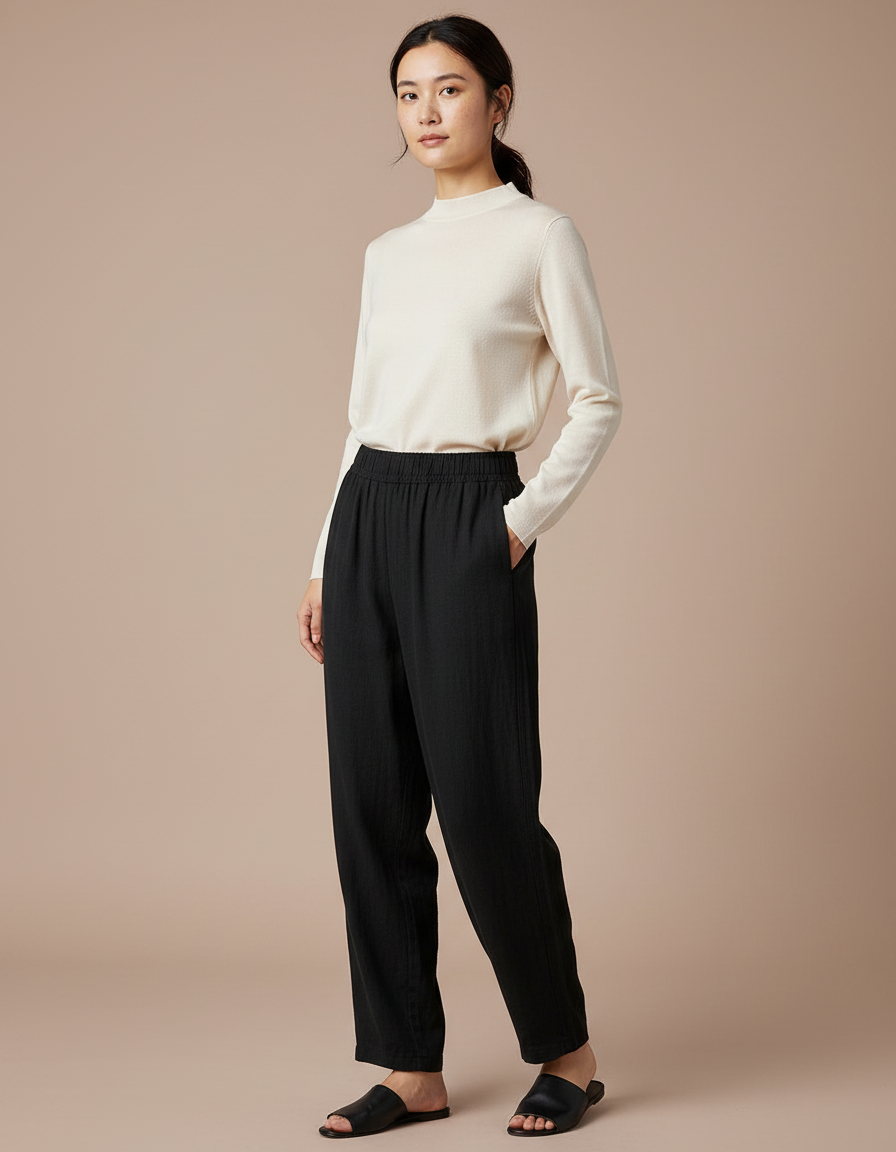 Pantalon Chinois Noir Ample Coton Élastiqué Femme