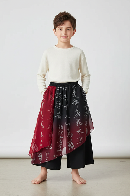 Pantalon Chinois Noir Rouge Fluide Imprimé Caractères Ample - Multicolore Polyester