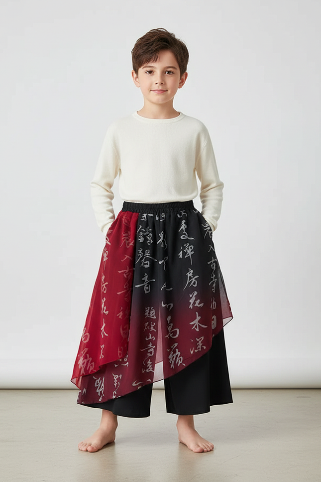 Pantalon Chinois Noir Rouge Fluide Imprimé Caractères Ample - Multicolore Polyester