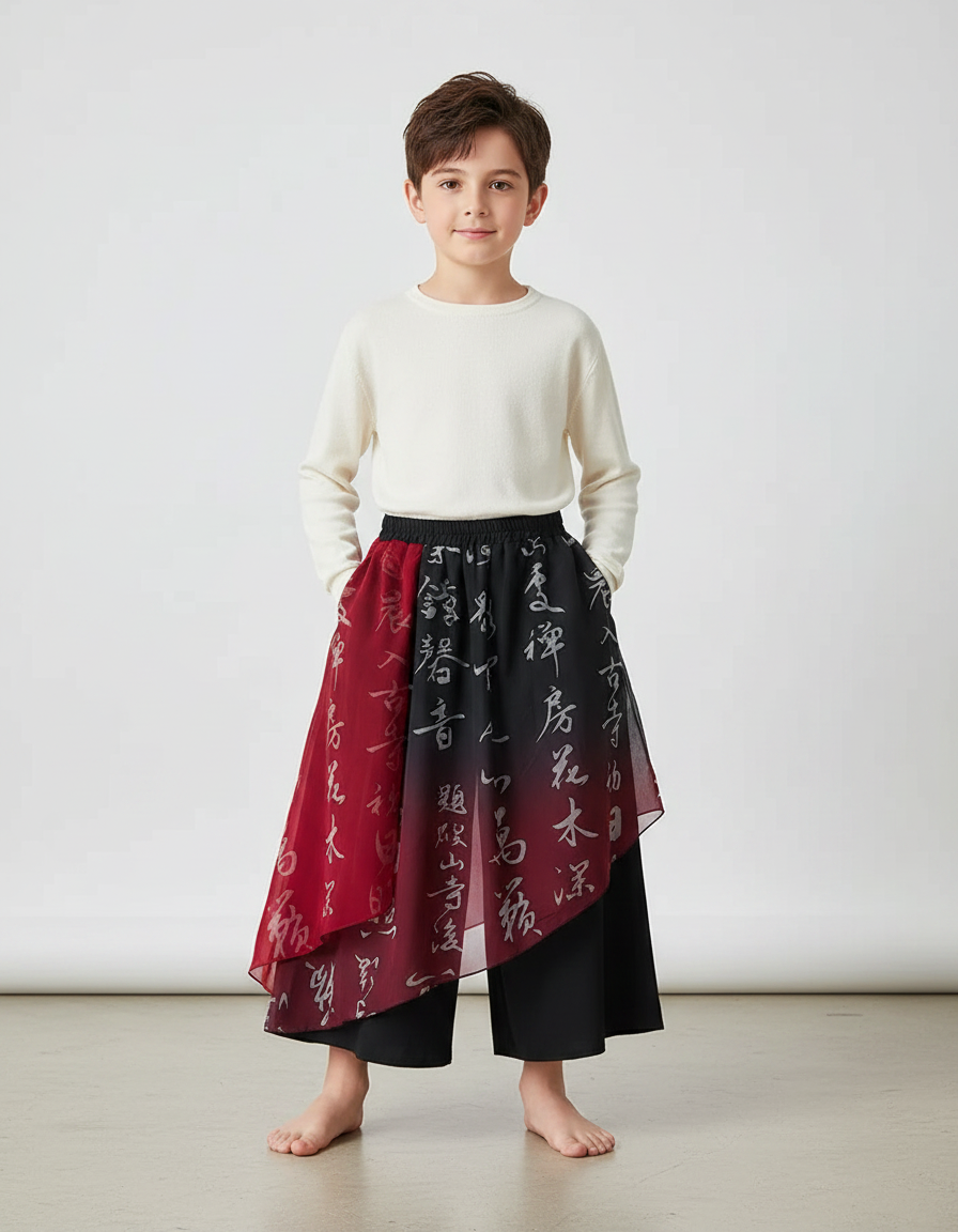 Pantalon Chinois Noir Rouge Fluide Imprimé Caractères Ample - Multicolore Polyester