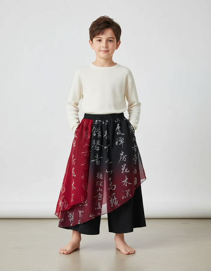 Pantalon Chinois Noir Rouge Fluide Imprimé Caractères Ample - Multicolore Polyester