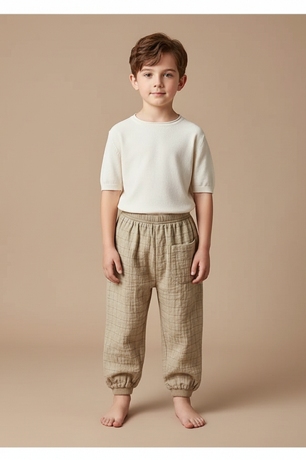 Pantalon Chinois Coton Lin Plaid Harem Enfant - Beige