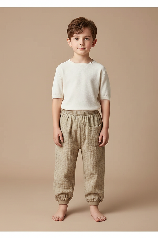 Pantalon Chinois Coton Lin Plaid Harem Enfant - Beige