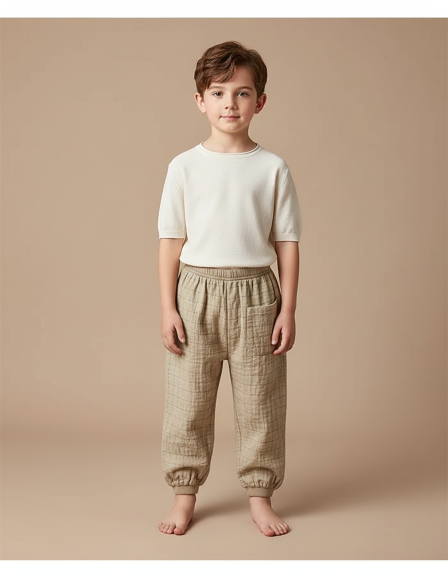 Pantalon Chinois Coton Lin Plaid Harem Enfant - Beige
