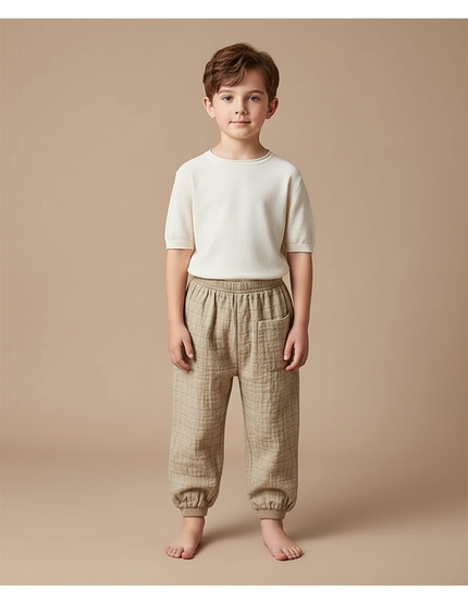 Pantalon Chinois Coton Lin Plaid Harem Enfant - Beige