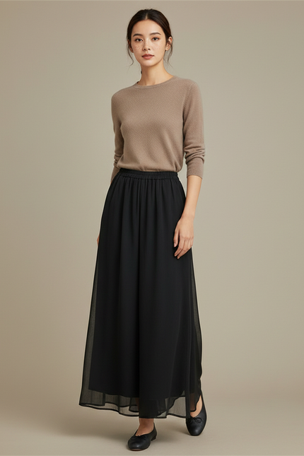 Pantalon Chinois Noir Ample Fluide Élégant Femme - Polyester