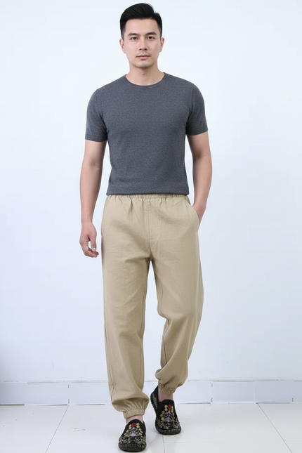 Pantalon Chinois Kaki Ample Coton Lin Sport Décontracté