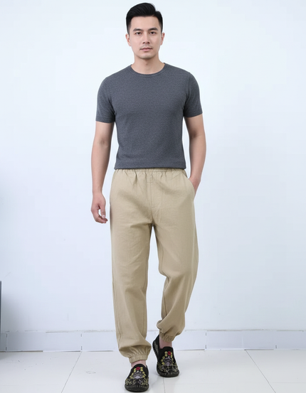 Pantalon Chinois Kaki Ample Coton Lin Sport Décontracté