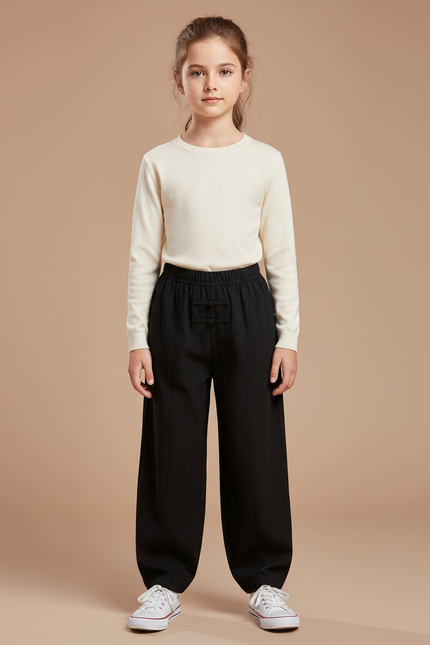 Pantalon Chinois Noir Ample Boutons Fille - Polyester