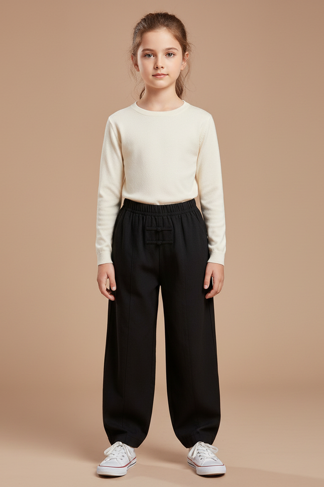 Pantalon Chinois Noir Ample Boutons Fille - Polyester