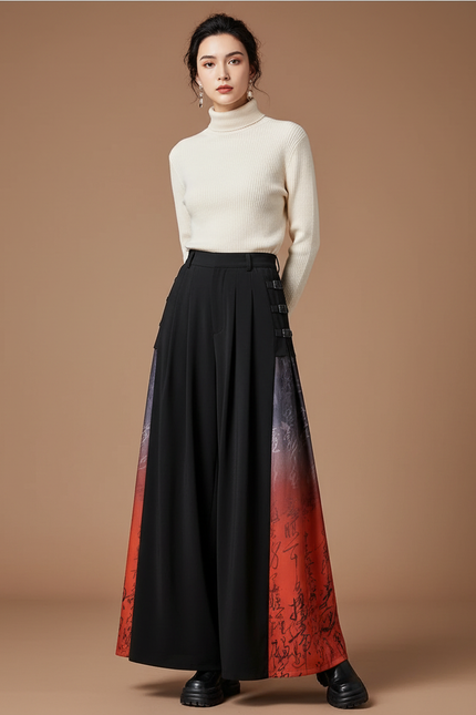 Pantalon Chinois Noir Ample Imprimé Fluide Femme - Polyester