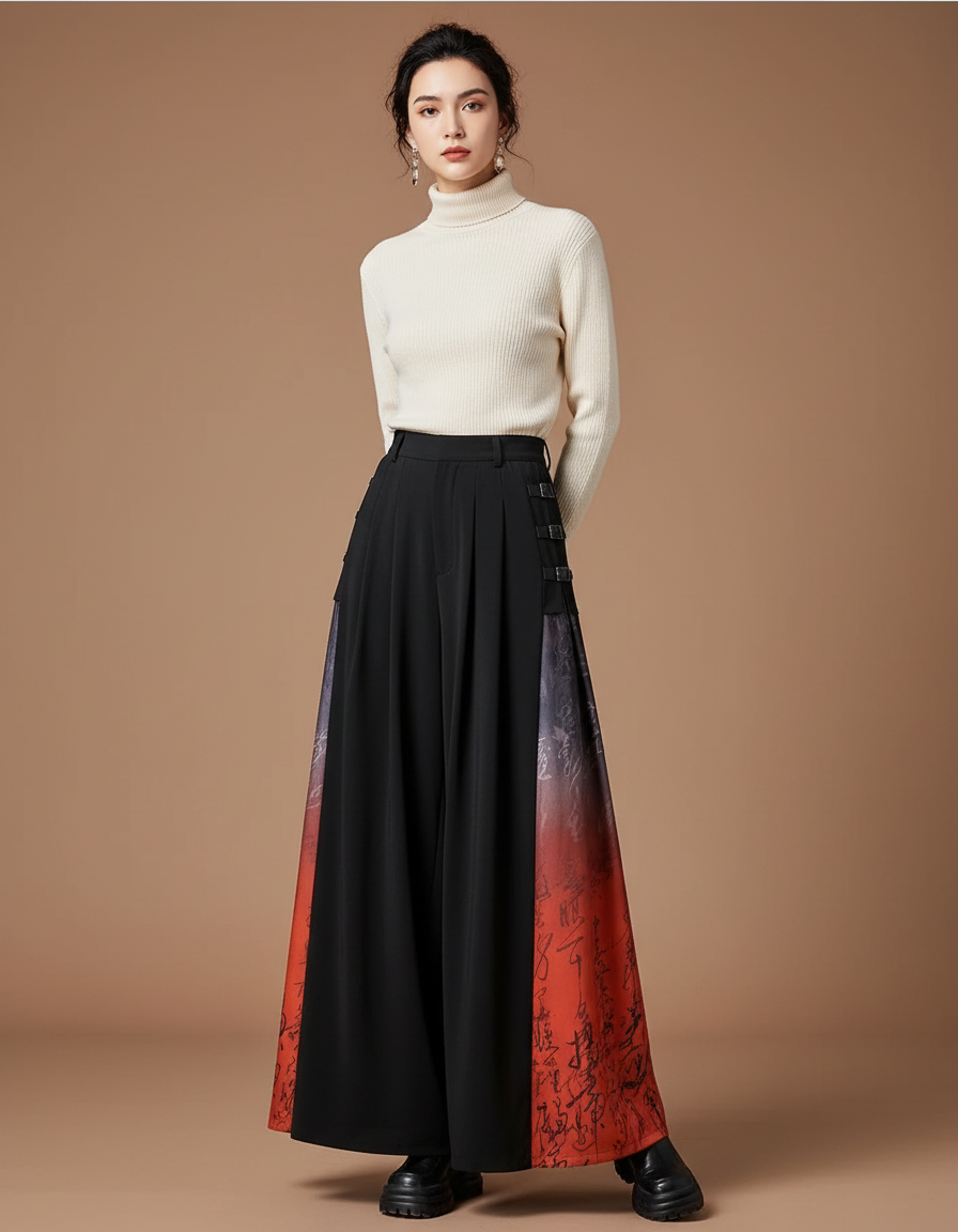 Pantalon Chinois Noir Ample Imprimé Fluide Femme - Polyester