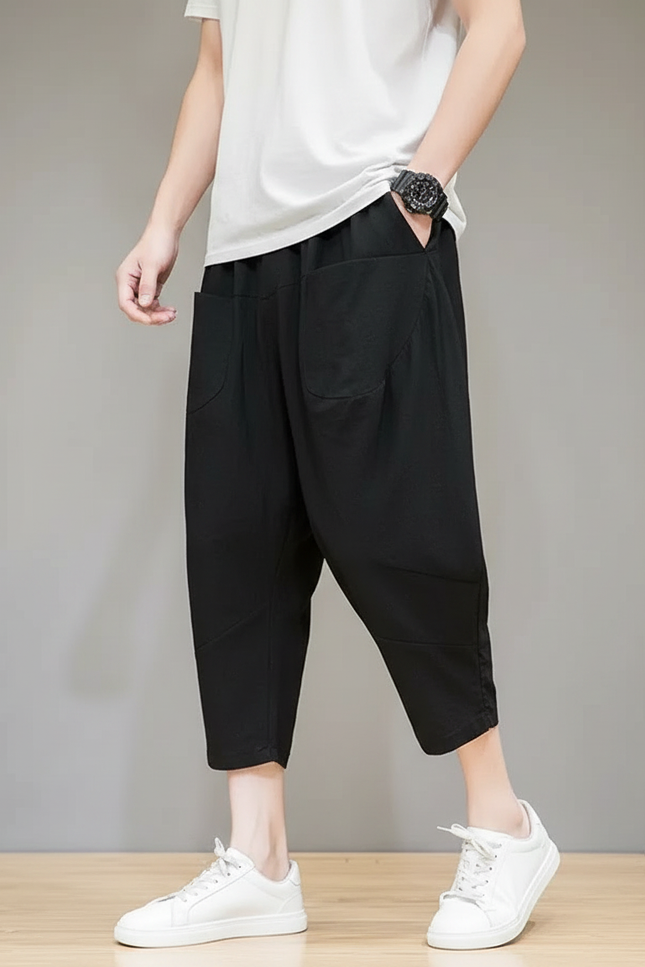 Pantalon Chinois Lin Noir Ample Décontracté Léger