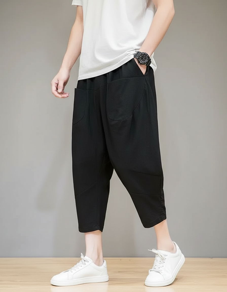 Pantalon Chinois Lin Noir Ample Décontracté Léger
