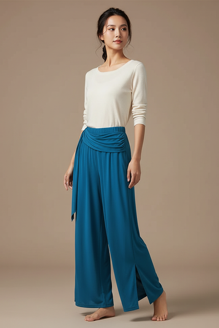 Pantalon Chinois Bleu Fluide Ample Fendu Femme - Viscose