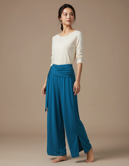 Pantalon Chinois Bleu Fluide Ample Fendu Femme - Viscose