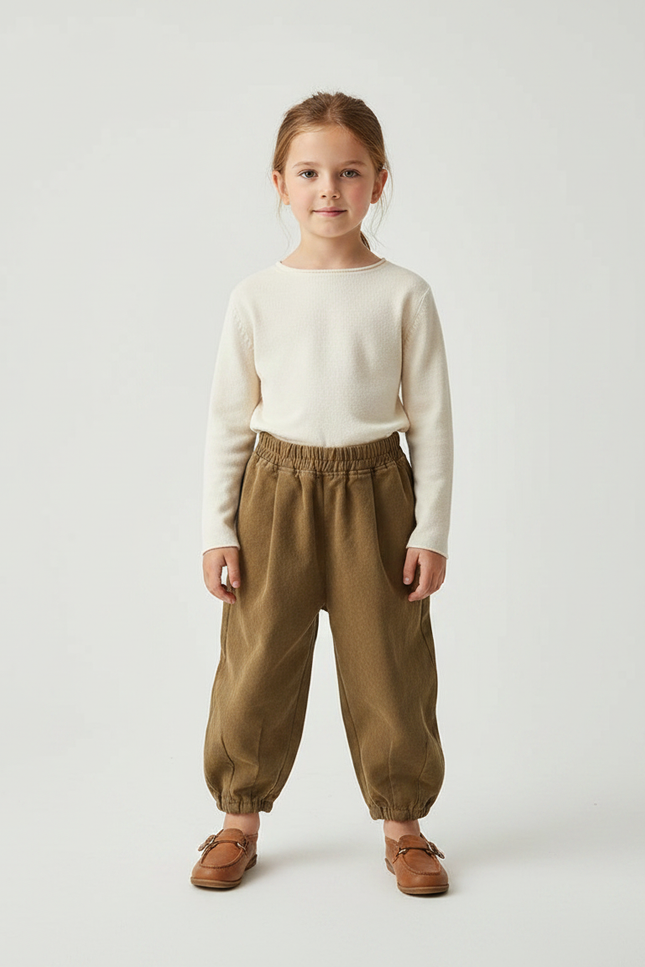 Pantalon Chinois Marron Ample Côtelé Enfant - Kaki Cordé