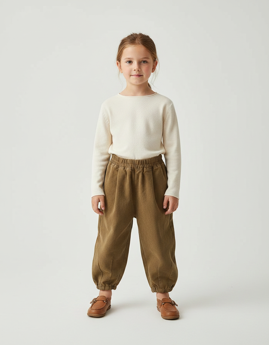 Pantalon Chinois Marron Ample Côtelé Enfant - Kaki Cordé