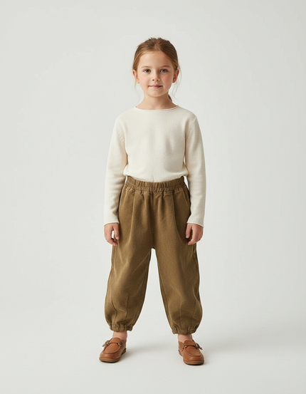 Pantalon Chinois Marron Ample Côtelé Enfant - Kaki Cordé