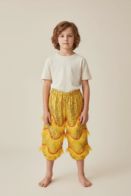 Pantalon Chinois Jaune Pailleté Franges Enfant Danse - Doré Polyester