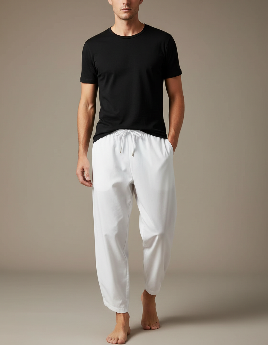 Pantalon Chinois Blanc Ample Cordon Décontracté Homme - Polyester
