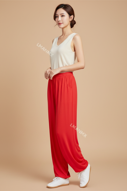 Pantalon Chinois Rouge Ample Fluide Décontracté Femme - Viscose