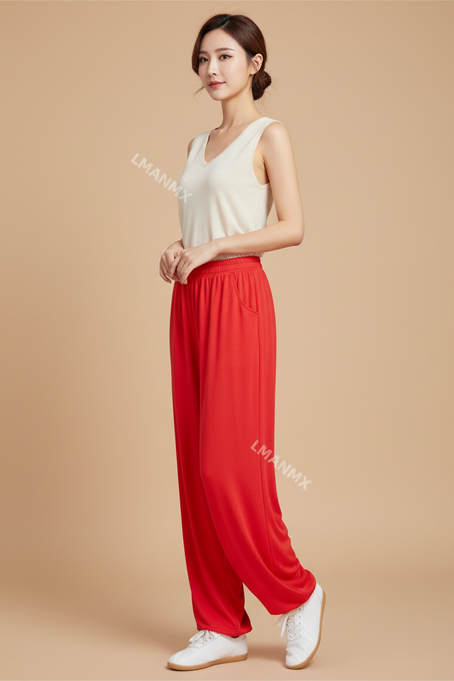 Pantalon Chinois Rouge Ample Fluide Décontracté Femme - Viscose