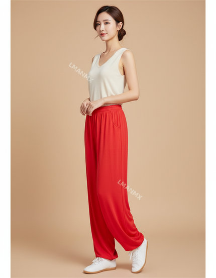 Pantalon Chinois Rouge Ample Fluide Décontracté Femme - Viscose