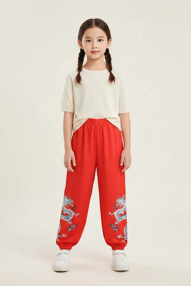 Pantalon Chinois Rouge Ample Dragon Enfant - Polyester