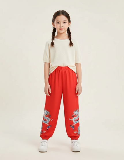 Pantalon Chinois Rouge Ample Dragon Enfant - Polyester