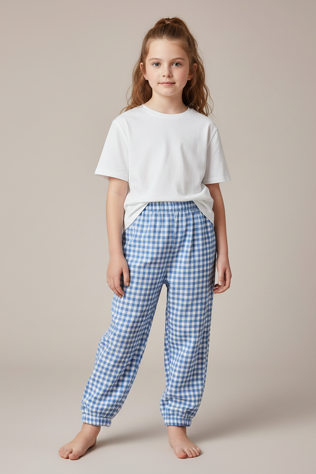 Pantalon Chinois Gingham Bleu Coton Ample Enfant