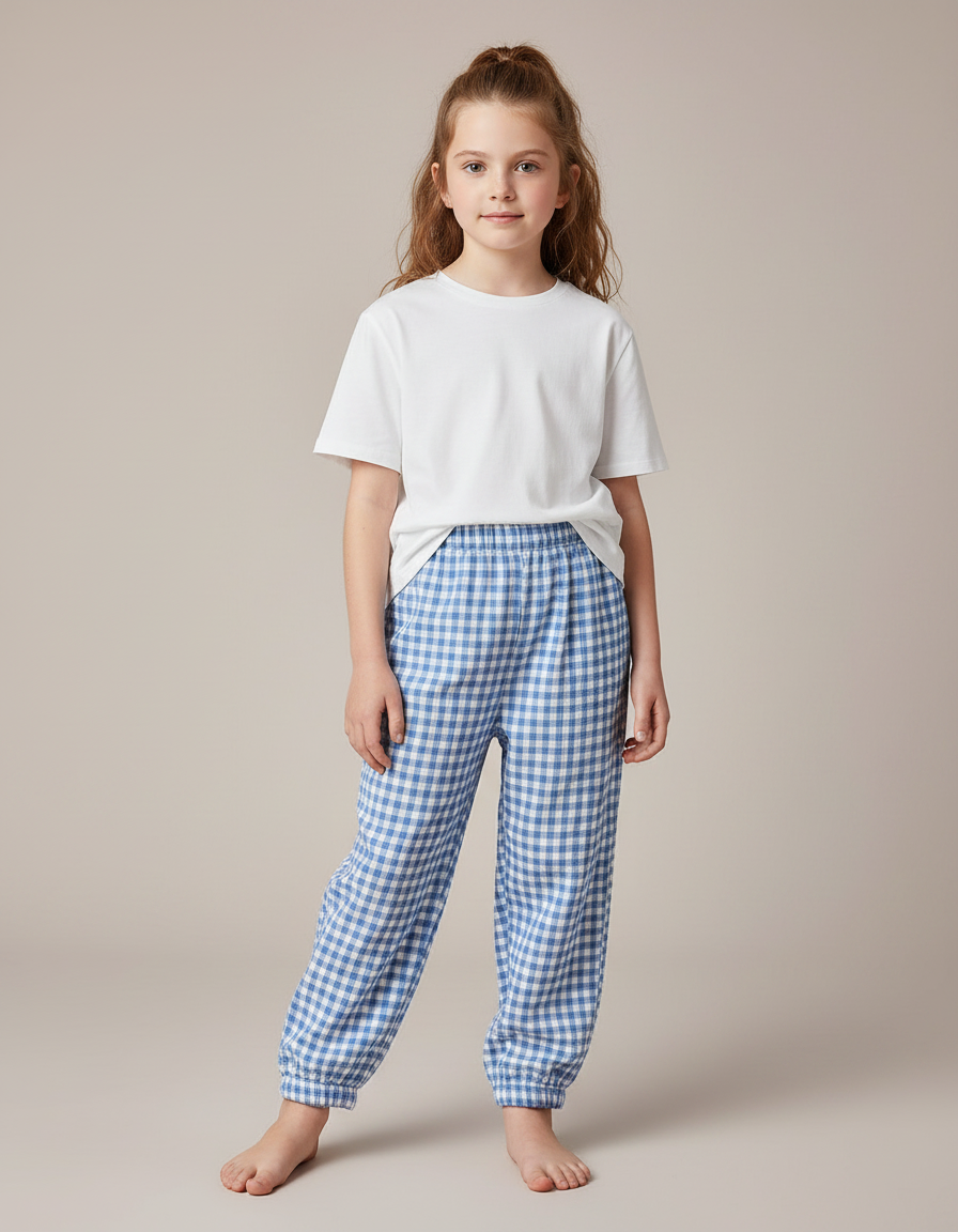 Pantalon Chinois Gingham Bleu Coton Ample Enfant