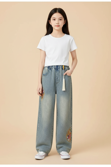 Pantalon Chinois Jeans Brodé Ample Fille Décontracté - Bleu