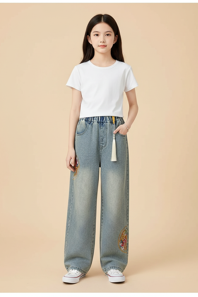 Pantalon Chinois Jeans Brodé Ample Fille Décontracté - Bleu