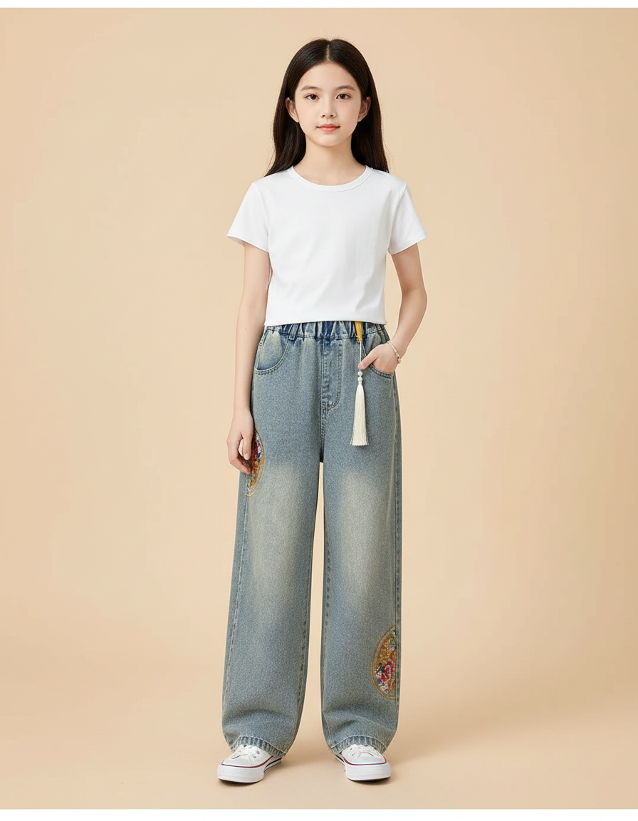 Pantalon Chinois Jeans Brodé Ample Fille Décontracté - Bleu