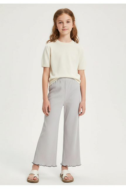 Pantalon Chinois Gris Clair Plissé Ondulé Fille - Maille