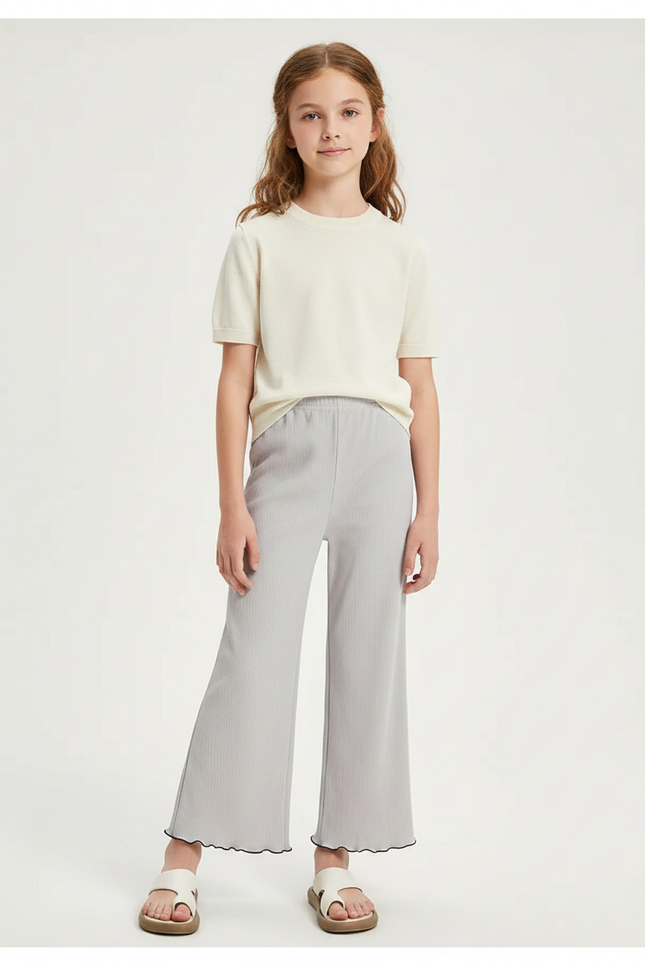 Pantalon Chinois Gris Clair Plissé Ondulé Fille - Maille