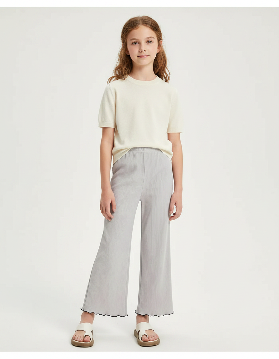 Pantalon Chinois Gris Clair Plissé Ondulé Fille - Maille