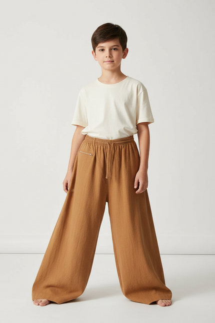 Pantalon Chinois Marron Ample Coton Élastique Enfant - Camel Molleton