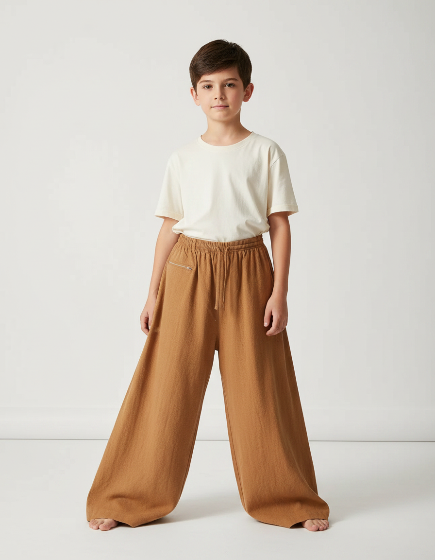 Pantalon Chinois Marron Ample Coton Élastique Enfant - Camel Molleton