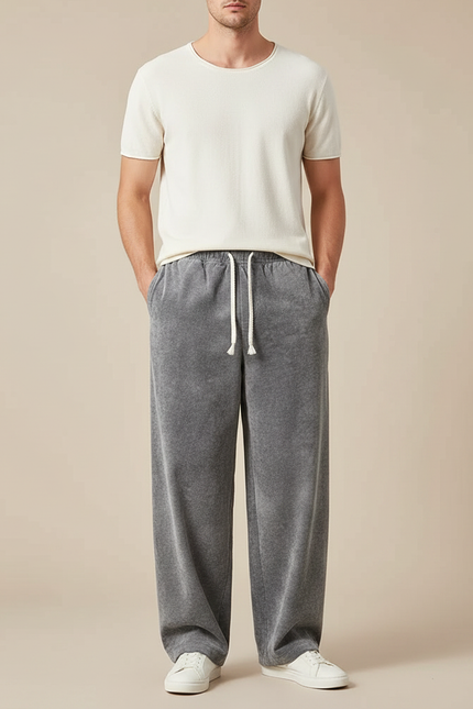 Pantalon Chinois Gris Velours Ample Décontracté Homme