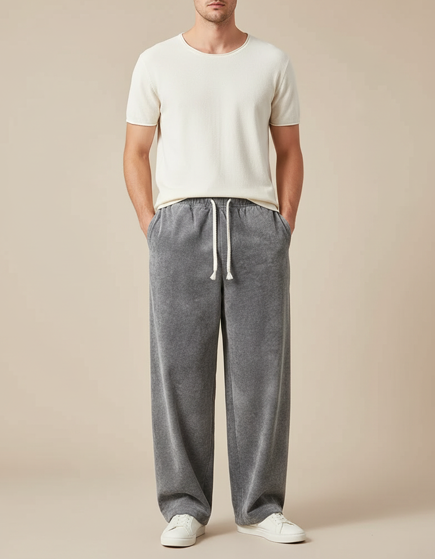 Pantalon Chinois Gris Velours Ample Décontracté Homme