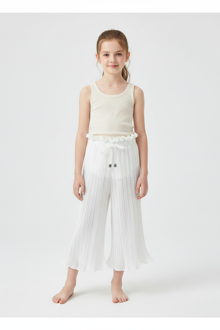 Pantalon Chinois Blanc Plissé Fluide Ample Enfant - Polyester