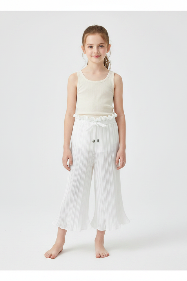 Pantalon Chinois Blanc Plissé Fluide Ample Enfant - Polyester