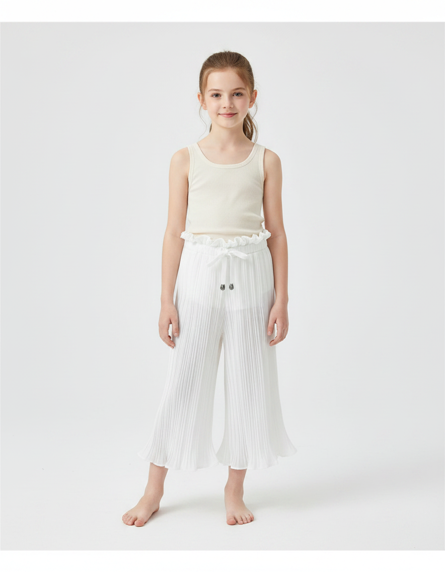 Pantalon Chinois Blanc Plissé Fluide Ample Enfant - Polyester