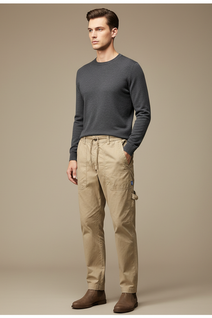 Pantalon Chinois Beige Cargo Coton Décontracté Homme