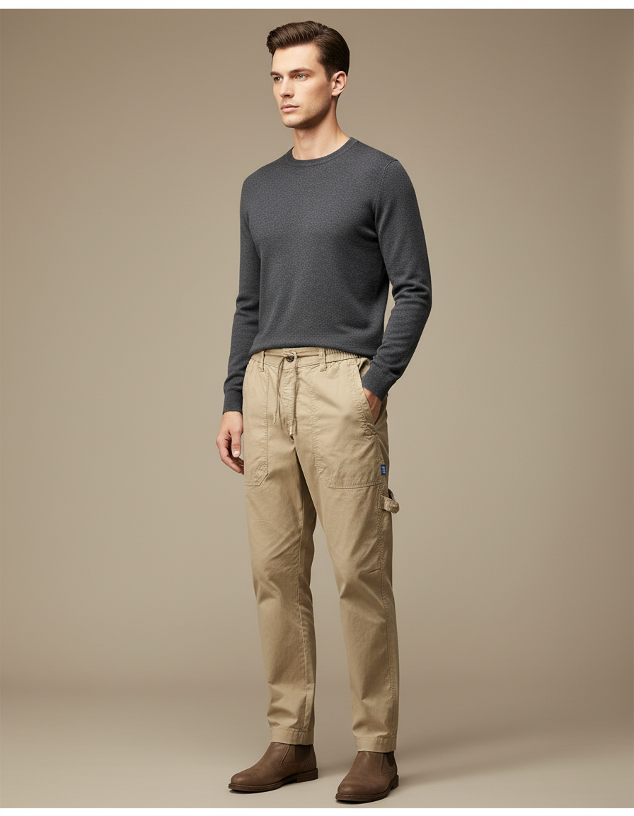 Pantalon Chinois Beige Cargo Coton Décontracté Homme
