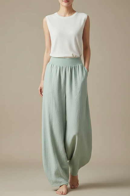 Pantalon Chinois Vert Ample Coton Lin Confortable